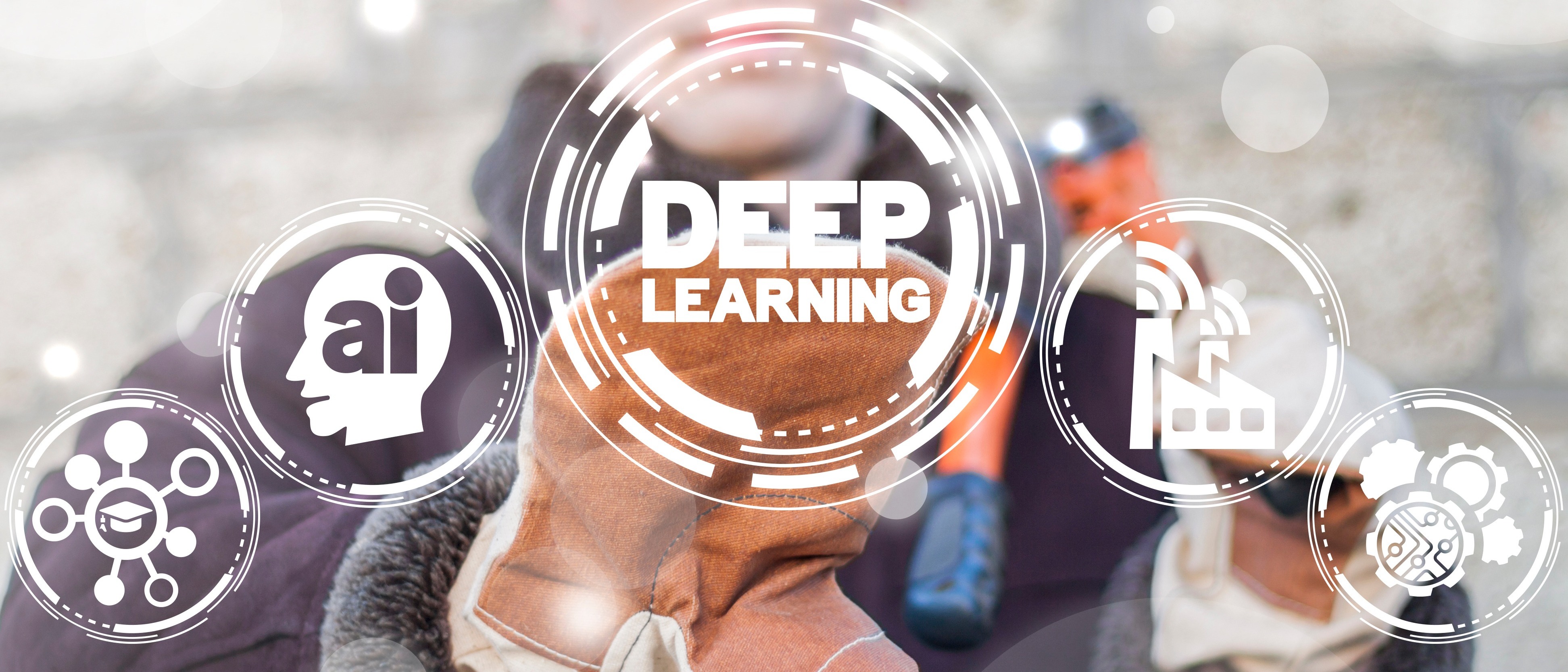 Gloved hands holding tools with overlay of circular tech icons and "Deep Learning" text.